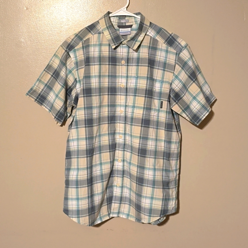Columbia‎ Button Down Short Sleeve Plaid Shirt Yellow/Green Mens Size Medium